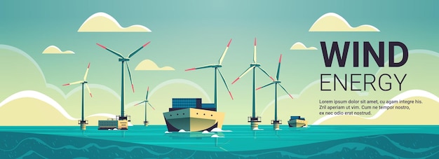 offshore wind farm with turbines and ship in sea or ocean renewable water station energy production alternative power generation concept seascape background copy space horizontal vector illustration