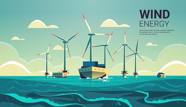 Vector offshore wind farm with turbines and ship in sea or ocean renewable water station energy production alternative power generation concept seascape background copy space horizontal vector illustration