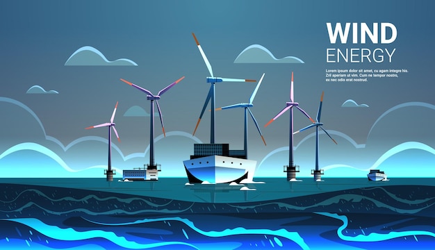 Vector offshore wind farm with turbines and ship in sea or ocean renewable water station energy production alternative power generation