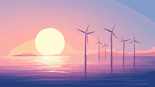 Vector offshore wind turbines at sunset flat vector illustration