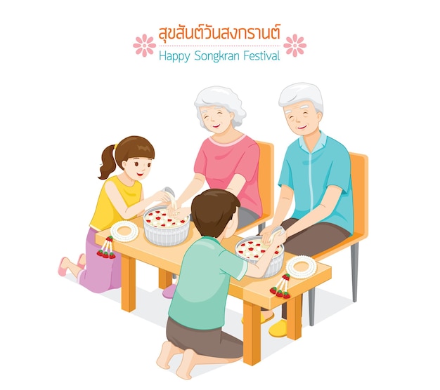 Offspring Pouring Water On Hands Of Revered Elders And Ask For Blessing Tradition Thai New Year Suk San Wan Songkran Translate Happy Songkran Festival