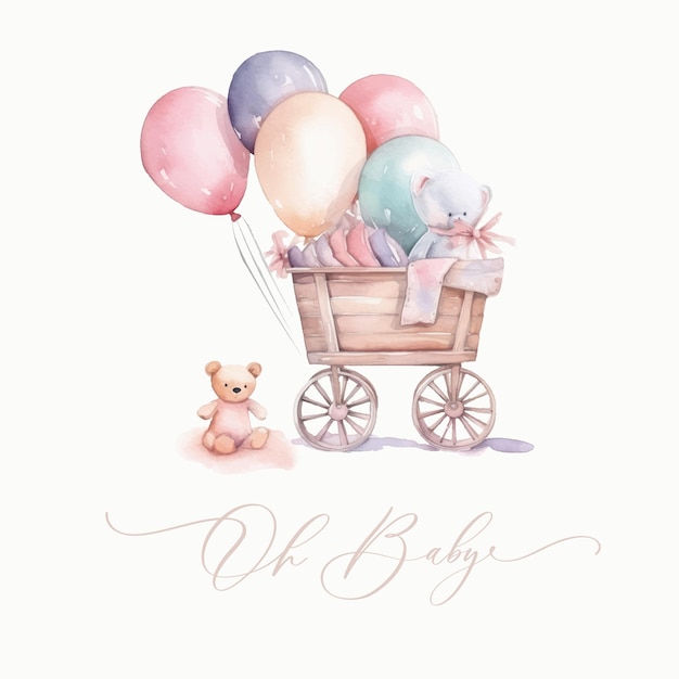 Oh baby Cute baby shower watercolor invitation card card with baby stroller and balls