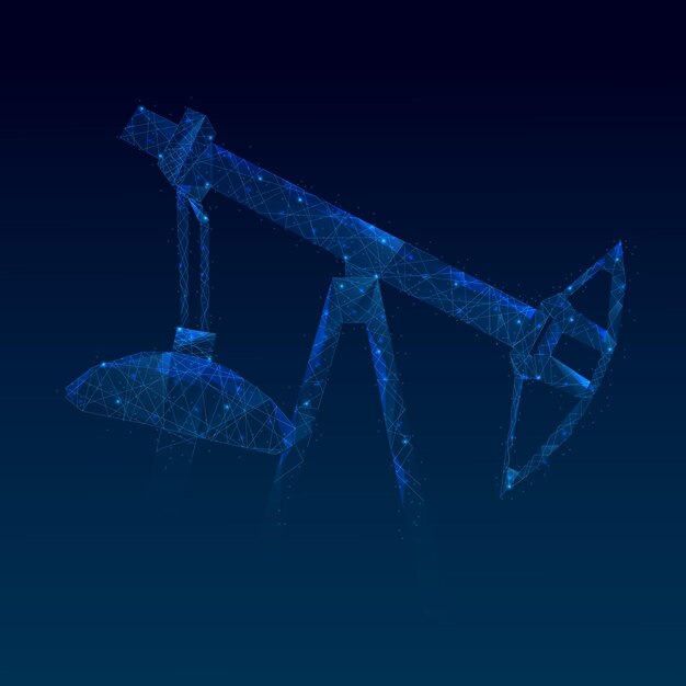 Vector oil fields concept oil drilling derricks at desert oilfield for fossil fuels low poly wireframe