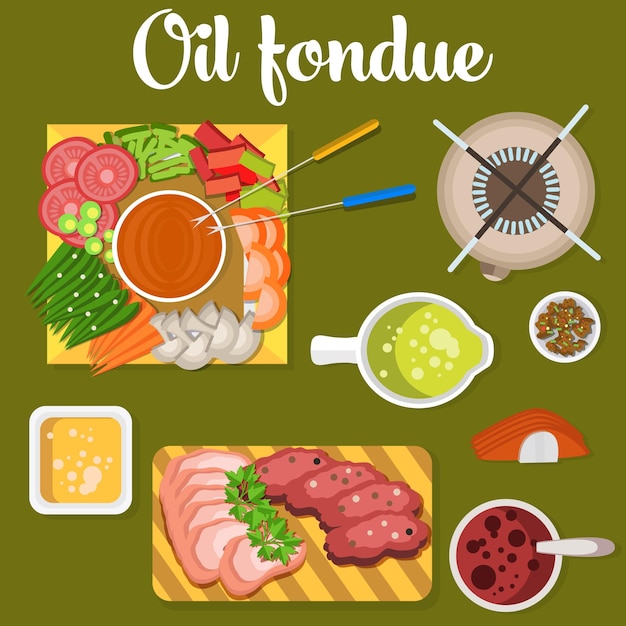 Oil fondue with meat and vegetables like carrot and tomato pea mushroom on plates