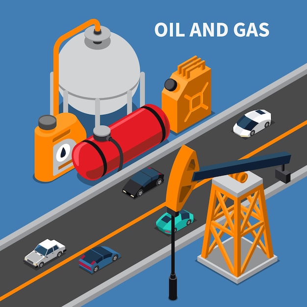 Oil and gas industry isometric composition with rig canister cars illustration