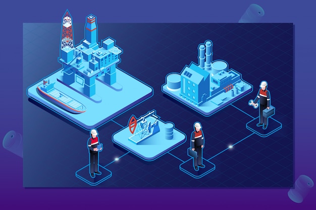 Vector oil gas industry isometric flowchart with offshore platform