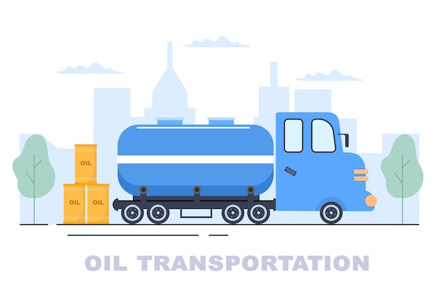 Oil Gas Industry Vector Illustration. Crude Extraction, Refinery Plant, Drilling, Gas Station, Tank use Pipe and Delivery of Fuel by Truck Transportation