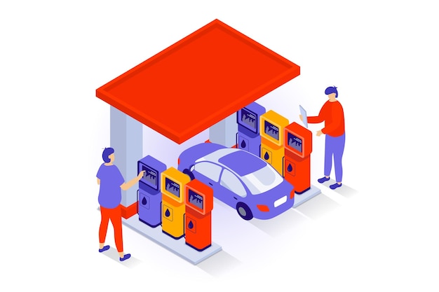 Vector oil industry concept in 3d isometric design people refueling car at petrol filling station gaz or benzine for automobile refilling service vector illustration with isometry scene for web graphic