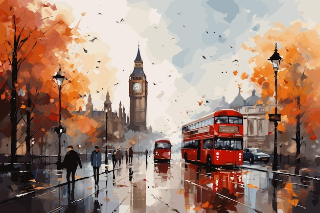 Oil Painting rain in London Gentle city landscape Big Ben England modern art and vector