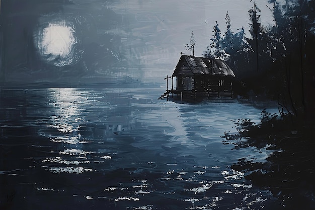 Vector an oil painting of a shack along the shore at night in the style of monochromatic paintings bob ross