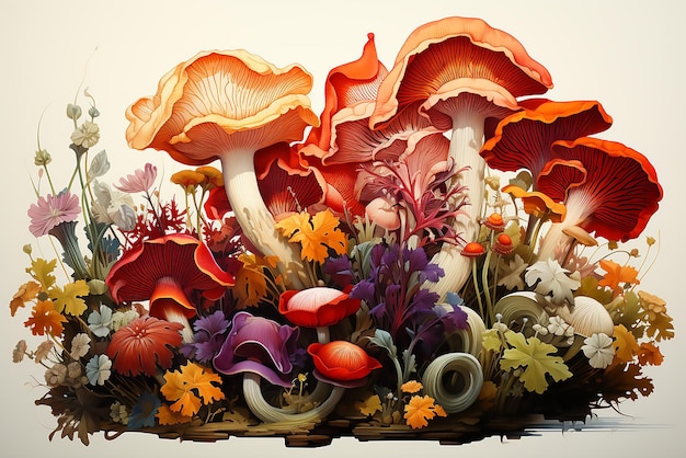 oil painting Surreal fantasy land with large forest full of all sizes mushrooms