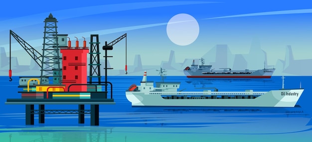 Vector oil production industry petroleum extraction output development huge deposits mining operation modern oil rig in the sea tanker moon night in background realistic design vector illustration