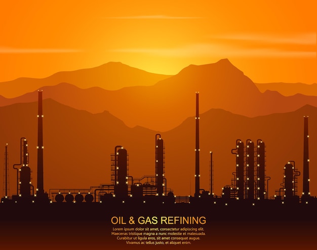 Oil refinery or chemical plant silhouette with night lights in mountains  at sunset. Detail vector illustration.