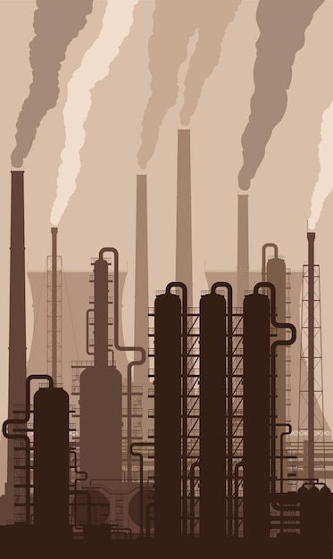 Oil refinery or chemical plant silhouette with smoking chimneys