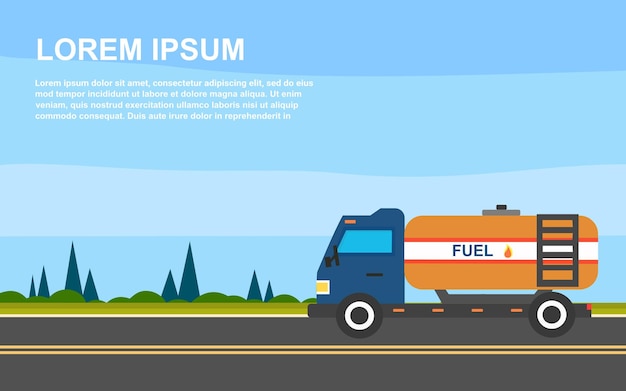 Oil taker truck on Road Landscape background Flat Vector Illustration