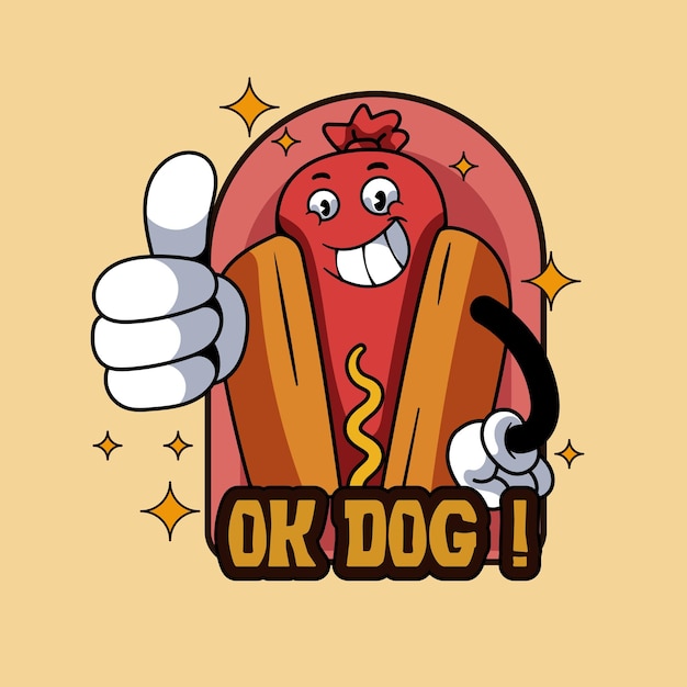 Vector ok hotdog mascot character illustration vintage