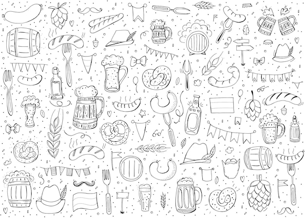 Oktoberfest 2022 - Beer Festival. Hand-drawn Doodle Elements. German Traditional holiday. Octoberfest, Craft Beer. Blue-white rhombus. Set of elements.