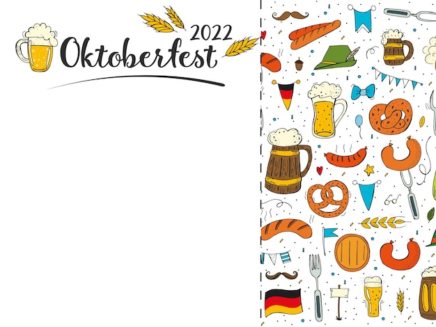 Oktoberfest 2022 Beer Festival Handdrawn Doodle elements German Traditional holiday Black lettering with a beer mug wheat ears and a color pattern