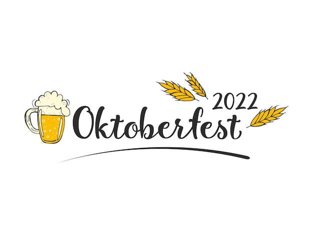 Oktoberfest 2022 Beer Festival Handdrawn Doodle elements German Traditional holiday Black lettering with a beer mug and wheat ears on a white background