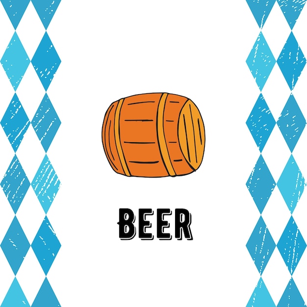 Oktoberfest 2022 Beer Festival Handdrawn Doodle Elements German Traditional holiday Color barrel of beer on a white background with blue rhombuses and lettering