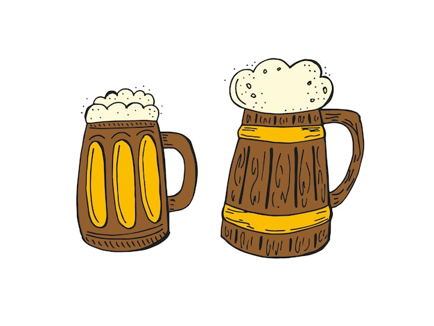 Oktoberfest 2022 Beer Festival Handdrawn set of Doodle Elements German Traditional holiday Colored wooden beer mugs on a white background