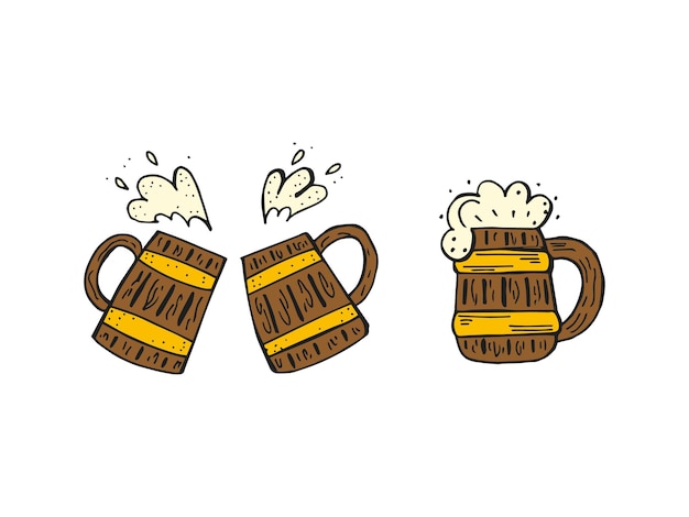 Oktoberfest 2022 Beer Festival Handdrawn set of Doodle Elements German Traditional holiday Colored wooden beer mugs on a white background