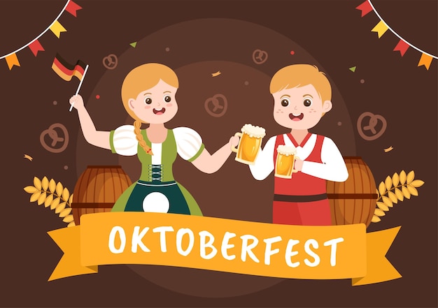 Oktoberfest Beer Festival Cartoon Illustration in Traditional German in Flat Style Design