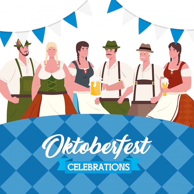 Vector oktoberfest beer festival celebration with group people wearing clothes traditional vector illustration design