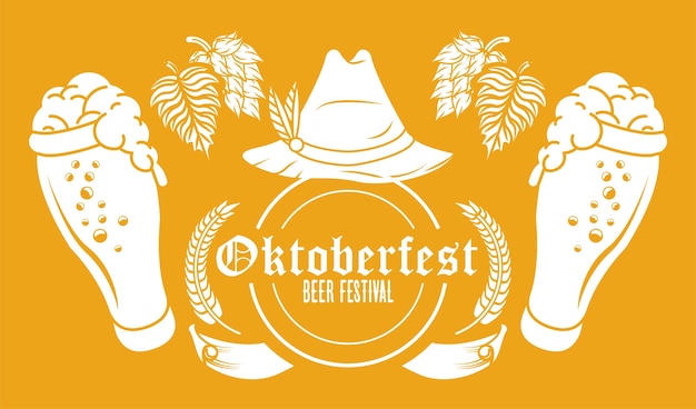 Oktoberfest celebration festival with tyrolean hat and beers glasses.