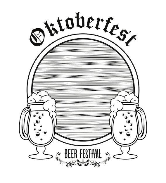 Oktoberfest celebration festival with wooden barrel and beers cups.