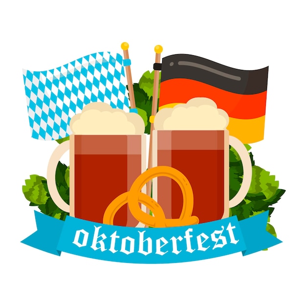 Oktoberfest celebration vector poster. Oktoberfest vector text. Beer Oktoberfest German festival keg of beer, bottle beer. Festive Oktoberfest Banners, Headers with Beer, Wurst, Flag and Pretzel.