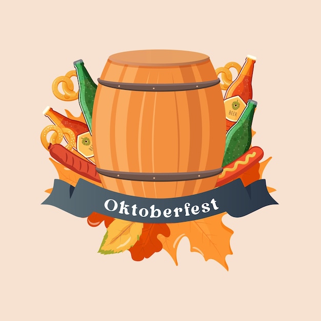 Oktoberfest emblem beer bottle bretzels and sausages