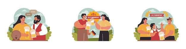 Oktoberfest festival set Cheerful Bavarian pub worker in a national costume Character holding a full glass of beer with foam Traditional annual beer carnival in Germany Flat vector illustration