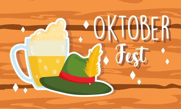 Oktoberfest festival, woonde banner beer and hat with feather, celebration germany traditional illustration