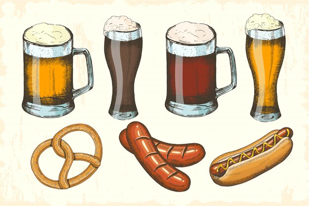 Vector oktoberfest hand drawn objects set. sausage, pretzel, hot dog, different kind of beer. oktoberfest sketch. vector illustration for menu, poster, banner, 