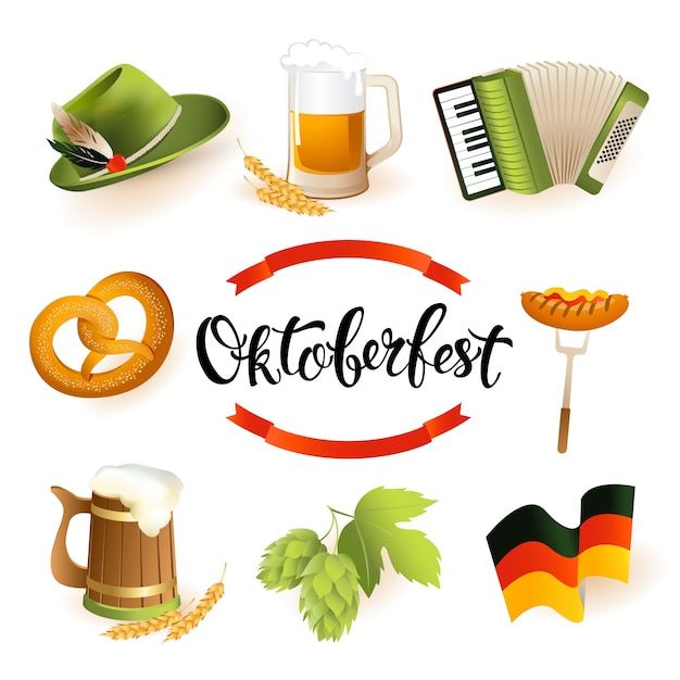 Oktoberfest icon set with hat, accordion, sausage, pretzel, hops, flag and mug of beer.