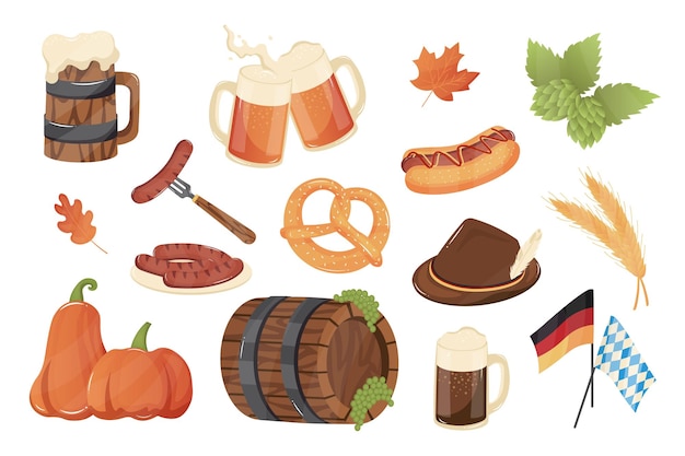 Vector oktoberfest items mega set elements in flat cartoon graphic design bundle objects of beer mugs sausages pretzel autumn leaf hops pumpkin wooden barrel germany flag other vector illustration