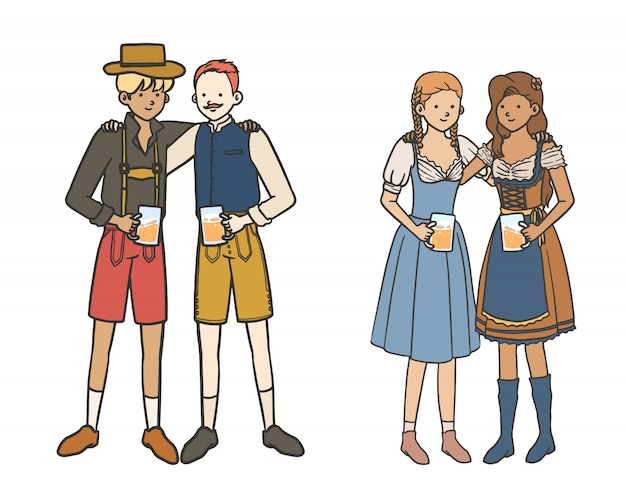 Oktoberfest Outfit Costume Woman and Man Simple Hand Drawn Illustration