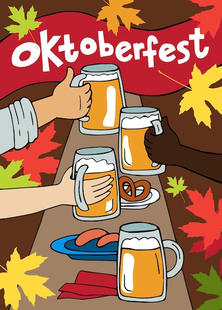 Oktoberfest. People clink beer mugs at a table with traditional German food and  maple leaves. Card