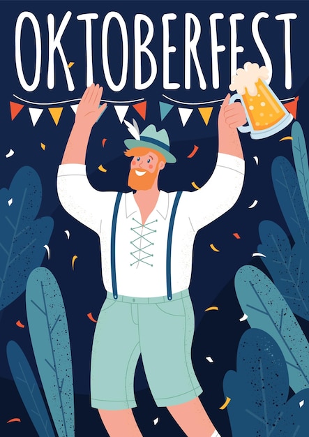 Oktoberfest poster Beer Festival A man holds a mug of beer Vector flat illustration with lettering