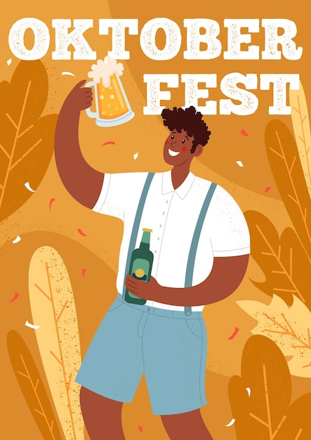 Oktoberfest poster Beer Festival A man holds a mug and a bottle of beer Vector hand drawn illustr