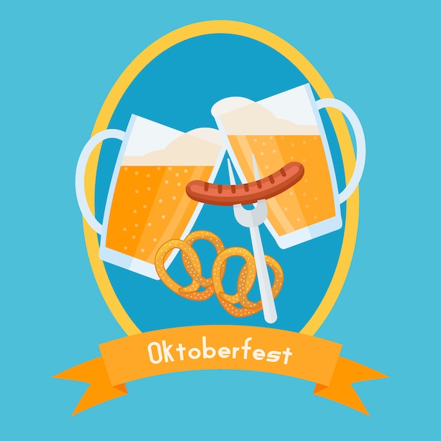 Oktoberfest poster design template. Clinking beer glasses with foam, pretzels and sausage.