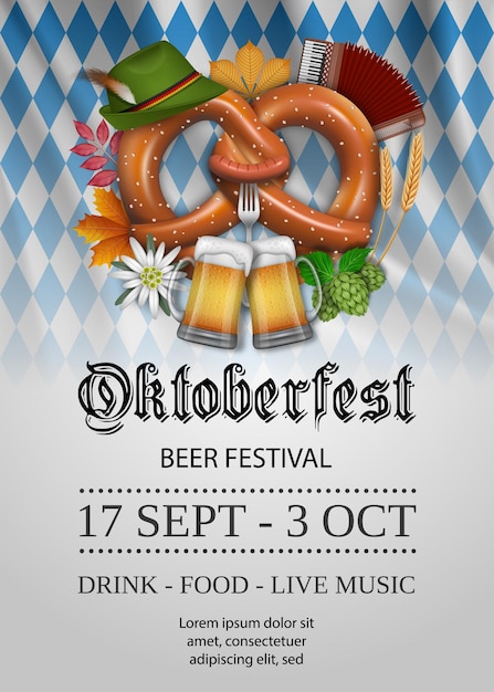 Oktoberfest poster with pretzel and beer mugs. Beer festival background