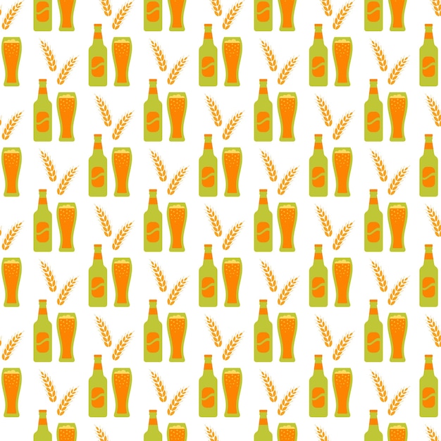 Oktoberfest seamless pattern with beer bottles and glasses and ears of wheat Octoberfest background Color print