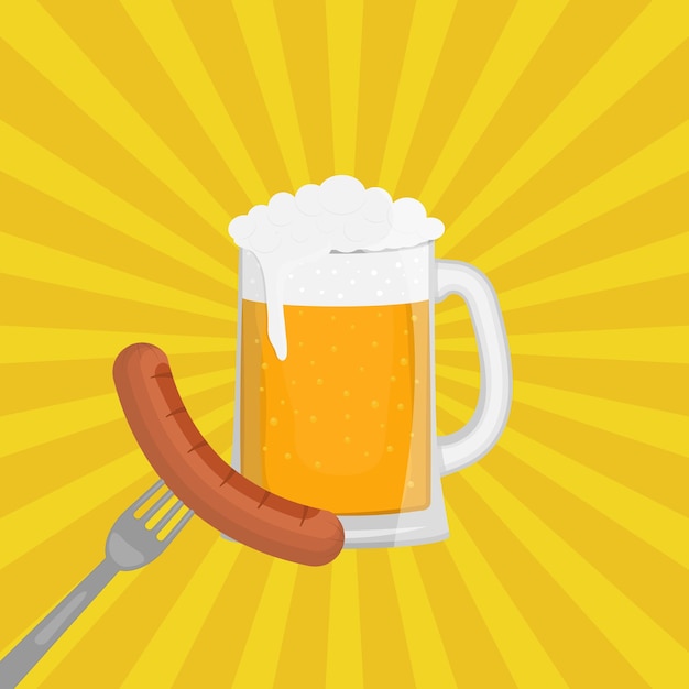 Oktoberfest vector background with yellow rays Beer and sausage on a fork