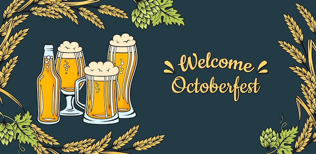 Oktoberfest welcome banner beer festival advertisement poster template vintage card glass invitation