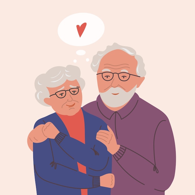 Old adult couple mental health recovery vector illustration Psychical relief aged elder lady and man Grandparents in a calm and love giving hugs Mature people self care portrait Isolated