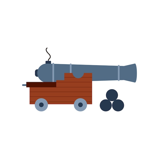 Old artillery cannon with cannonballs flat vector illustration isolated