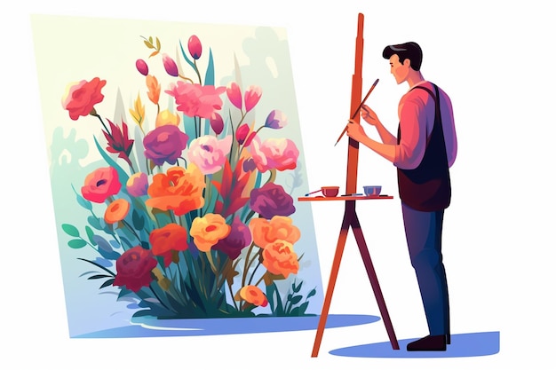 Vector old artist paints some flowers on an easel