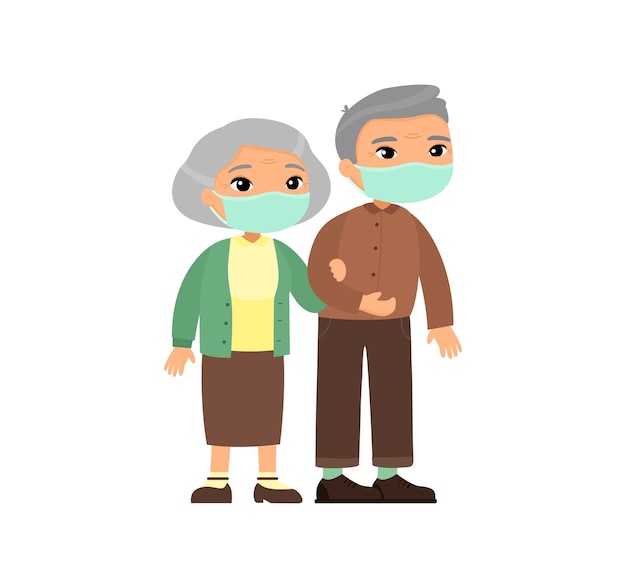 Old asian couple in medical masks. Senior couple walking together. Elderly woman holds arm of elderly man. Respiratory viral infections or allergies concept.